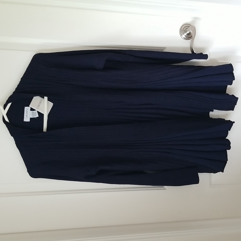 NWT size L Carmen brand Womens open front long navy cardigan